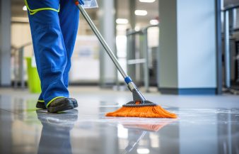 Low section of a person cleaning floor with wet mop at home.